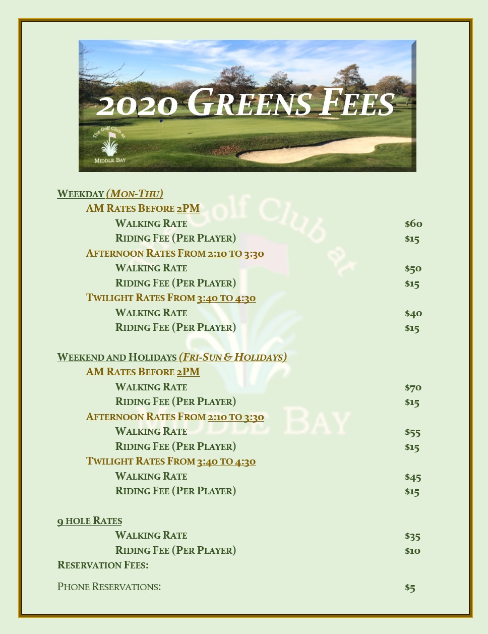 Greens Fees & Policies The Golf Club at Middle Bay